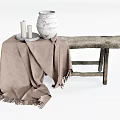 Rustic Wooden Bench with Brown Fringed Blanket White Vase and Candles