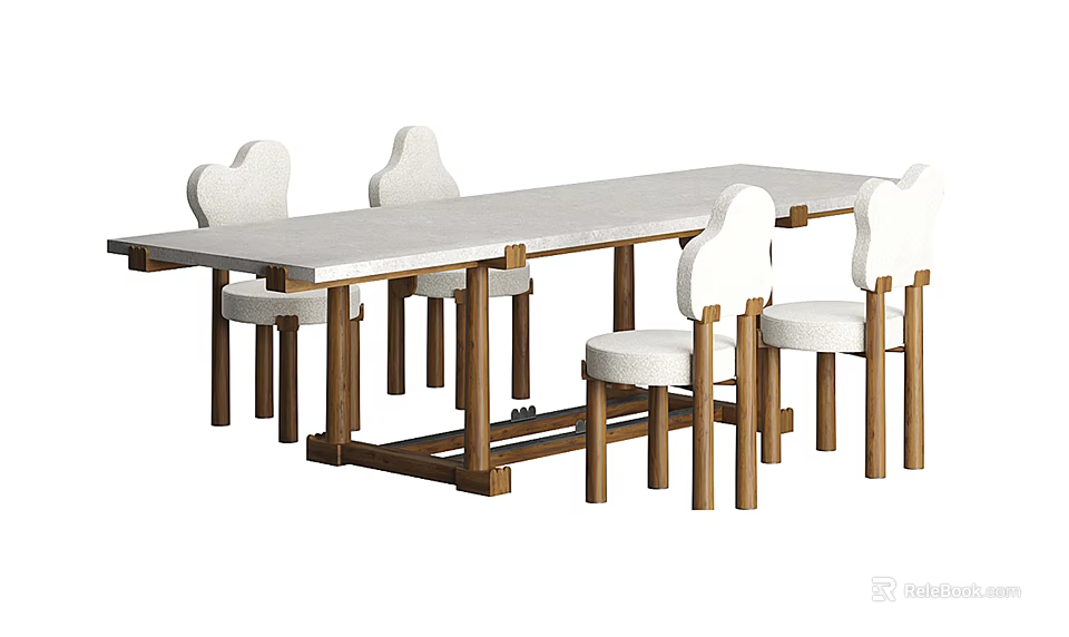 Dining Table Set With Long White Tabletop Wooden Legs And Four Heart Back Chairs 3d model 