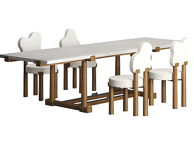 Dining Table Set With Long White Tabletop Wooden Legs And Four Heart Back Chairs 3d model