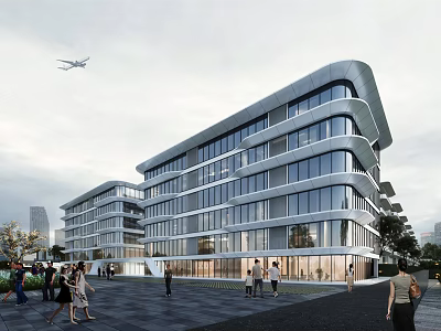 Modern Office Building Exterior With Glass Curtain Wall And Pedestrians Walking Outside 3d model