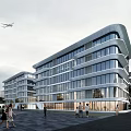 Modern Office Building Exterior With Glass Curtain Wall And Pedestrians Walking Outside