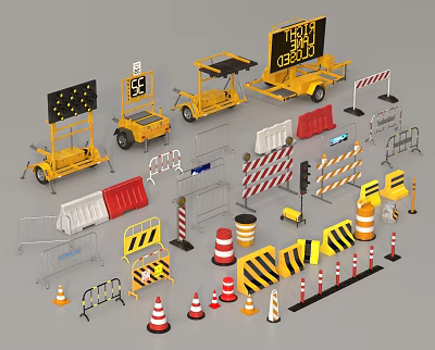 Road Construction Safety Equipment with Mobile Vehicles Warning Signs Cones and Barriers 3d model