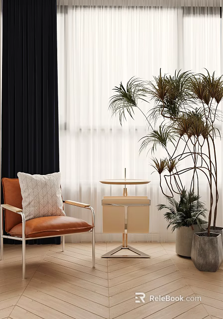 Stylish Orange Accent Chair With Metal Frame And Small Side Table Near Green Plants 3d model 
