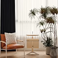 Stylish Orange Accent Chair With Metal Frame And Small Side Table Near Green Plants