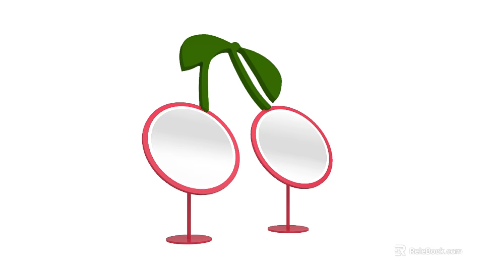 Stylish Round Mirrors With Red Frames And Red Stands Featuring Green Leaf Decorations 3d model 