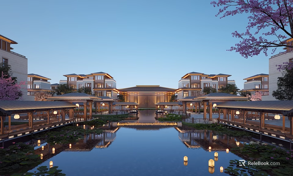 Chinese style Detached Villa with Pond Lanterns and Cherry Blossom Reflections 3d model 