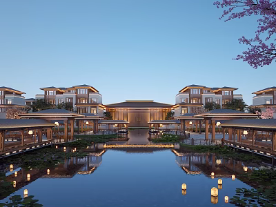 Chinese style Detached Villa with Pond Lanterns and Cherry Blossom Reflections 3d model