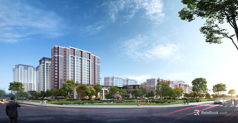 Modern High Rise Residential Building Complex With Green Landscape Trees And People Walking 3d model 