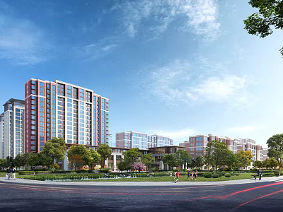 Modern High Rise Residential Building Complex With Green Landscape Trees And People Walking 3d model