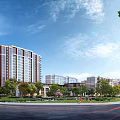 Modern High Rise Residential Building Complex With Green Landscape Trees And People Walking