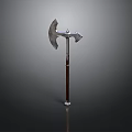Medieval Battle Axe With Metal Blade And Wooden Handle On Dark Background