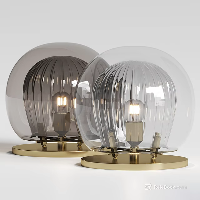 Modern Spherical Table Lamps with Ribbed Glass Shades and Gold Bases 3d model 