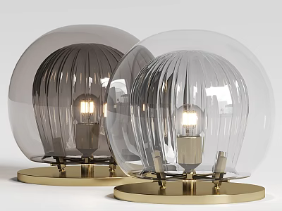 Modern Spherical Table Lamps with Ribbed Glass Shades and Gold Bases 3d model