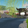 Natural Rockery Stones In Serene Garden With River Lotus Flowers And Blooming Trees
