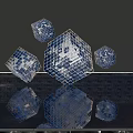 Geometric Shaped Metallic Landscape Sculptures Floating On Water With Reflections And Blue Sky White Clouds