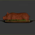 Red Roasted Pig on Decorative Plate with Green and Red Fruits