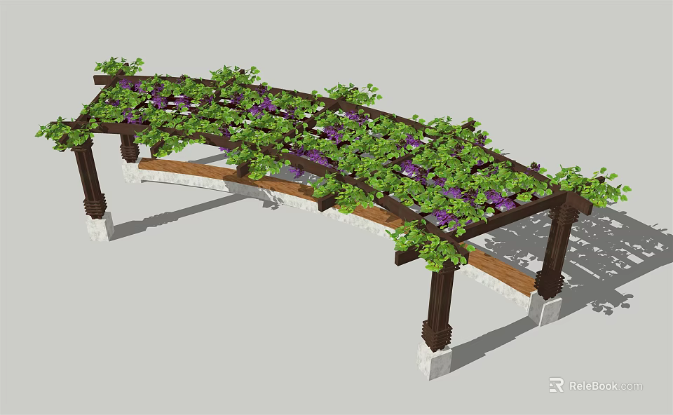 Wooden Pergola With Curved Top Green Vines And Purple Flowers On White Bases 3d model 