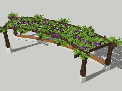 Wooden Pergola With Curved Top Green Vines And Purple Flowers On White Bases 3d model
