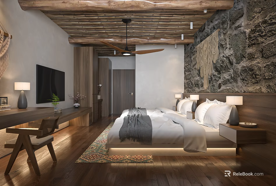 Cozy Modern Hotel Guest Room Interior With Wooden Ceiling Stone Wall And King Bed 3d model 