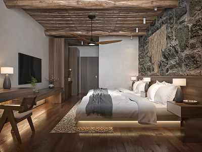 Cozy Modern Hotel Guest Room Interior With Wooden Ceiling Stone Wall And King Bed 3d model
