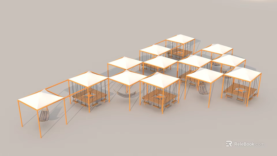 Multiple Roadside Facilities With White Roofs Metal Frames And Rest Seats Arrangement 3d model 