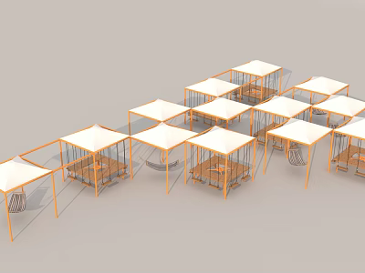 Multiple Roadside Facilities With White Roofs Metal Frames And Rest Seats Arrangement 3d model