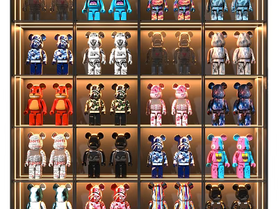 Vibrant BE@RBRICK Figures Collection With Various Colors And Patterns On Display Shelves 3d model
