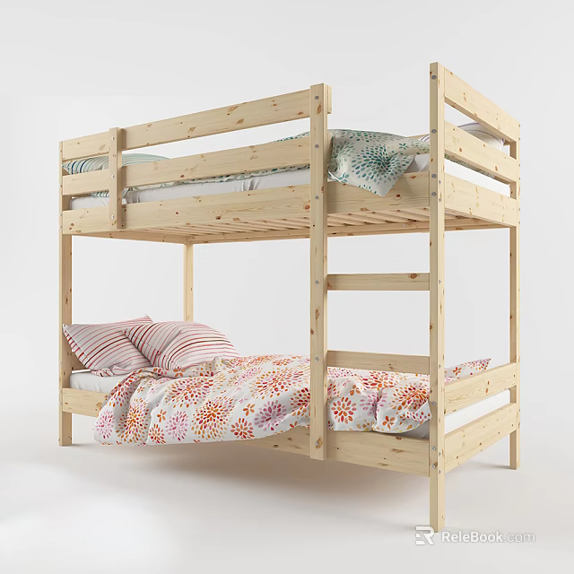 Wooden Bunk Bed with Green Patterned Quilt Top and Striped Pillows Floral Sheets Below 3d model 
