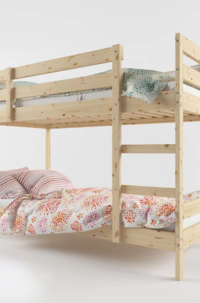 Wooden Bunk Bed with Green Patterned Quilt Top and Striped Pillows Floral Sheets Below 3d model