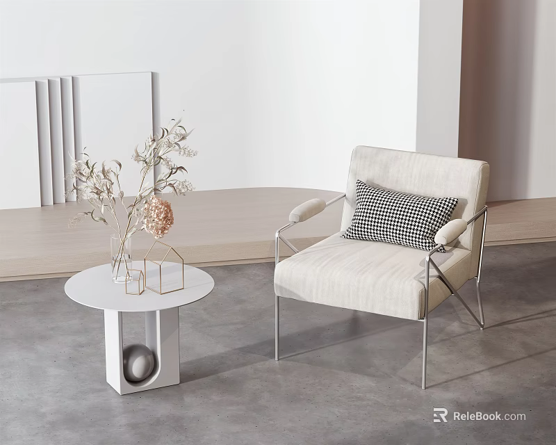 Minimalist Beige Single Sofa with Silver Metal Frame and Checkered Pillow by Round Coffee Table 3d model 