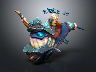 Decorative Blue Horned Aquatic Creature With Glowing Eyes And Small Fish Around 3d model