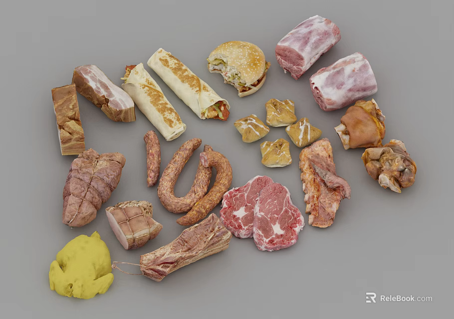 Assorted Fresh Meat Products With Sausages Bacon Hamburger Roasted Chunks And Wraps 3d model 