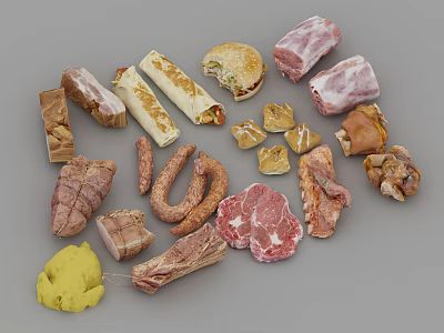 Assorted Fresh Meat Products With Sausages Bacon Hamburger Roasted Chunks And Wraps 3d model
