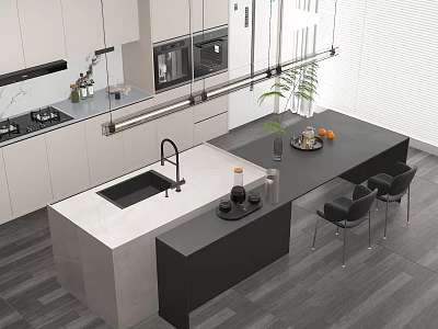 Modern Kitchen Interior Design With Quartz Island Counter Cabinets Appliances And Dining Chairs 3d model