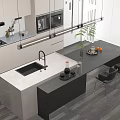 Modern Kitchen Interior Design With Quartz Island Counter Cabinets Appliances And Dining Chairs