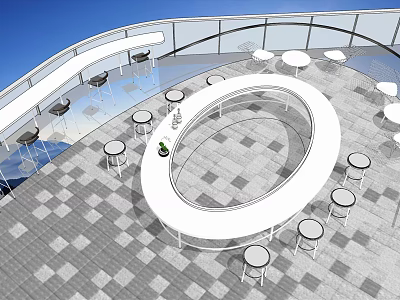 Modern Circular Bar Space With Round Tables Stools Checkerboard Floor And Glass Walls 3d model