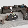 Modern L Shaped Brown Sofa and Round Coffee Table Set with Decorative Pillows 3d model