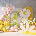 Colorful Party Decorations With Pink Yellow Balloons Large Daisy Flowers And Love For You Sign 3d model