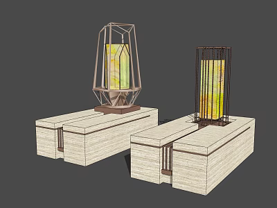 Modern Outdoor Lights With Geometric Frame Stone Base And Yellow Light 3d model