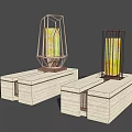 Modern Outdoor Lights With Geometric Frame Stone Base And Yellow Light