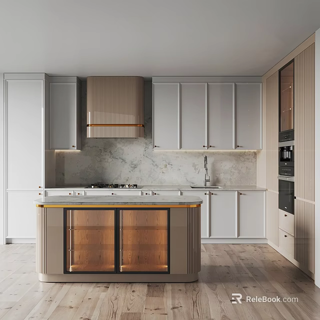 Modern Kitchen Interior With White Cabinets Marble Countertop And Island With Glass Doors 3d model 