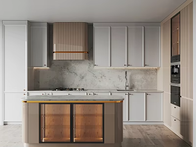 Modern Kitchen Interior With White Cabinets Marble Countertop And Island With Glass Doors 3d model