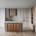 Modern Kitchen Interior With White Cabinets Marble Countertop And Island With Glass Doors
