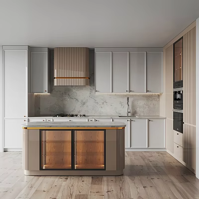 Modern Kitchen Interior With White Cabinets Marble Countertop And Island With Glass Doors 3d model