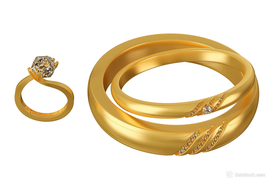 Elegant Golden Jewelry Set With Twisted Bracelets And Diamond Studded Rings 3d model 