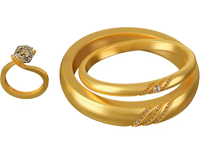 Elegant Golden Jewelry Set With Twisted Bracelets And Diamond Studded Rings 3d model