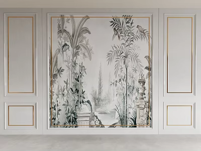 Elegant Light Luxury Background Wall Featuring Plant Pattern And Gold Frame Decor 3d model