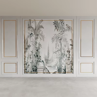 Elegant Light Luxury Background Wall Featuring Plant Pattern And Gold Frame Decor 3d model