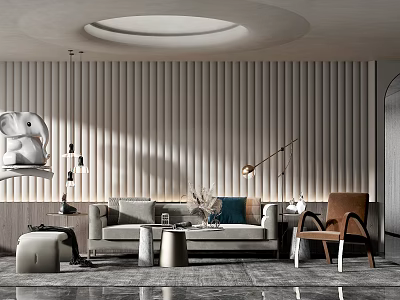 Minimalist Living Room Sofa Coffee Table Set With Paneled Wall Floor Lamp And Decorative Vase 3d model