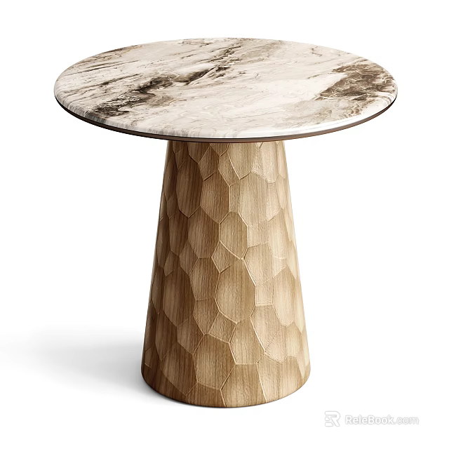 Stylish Side Table with Marble Top and Honeycomb Textured Light Wooden Base for Interior Decor 3d model 